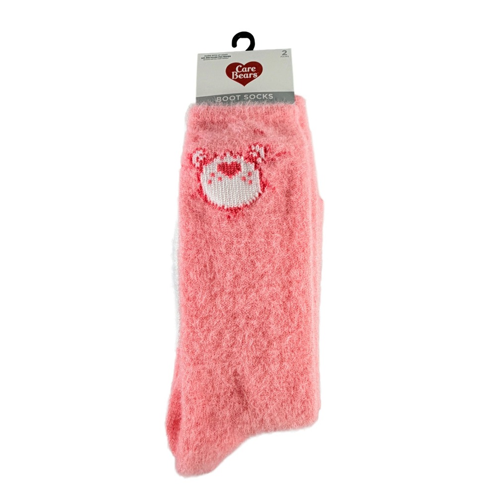 Care Bears Womens 2 Pack Fuzzy Boot Socks Pink Hearts Shoe Size 4-10 NWT